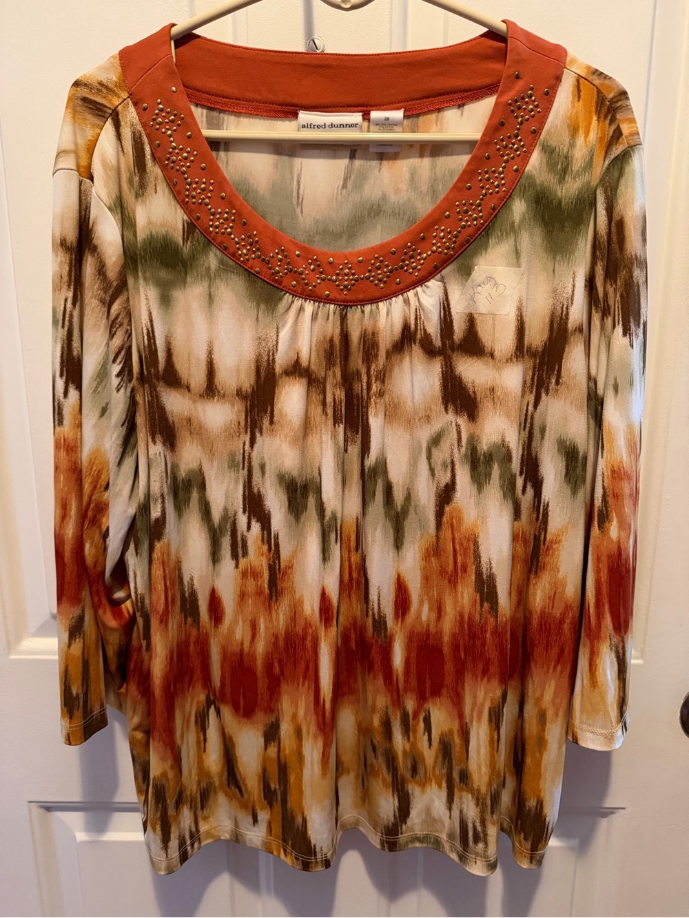 Alfred Dunner Rust Multi-Color Studded Scoop Neck Long Sleeve Top